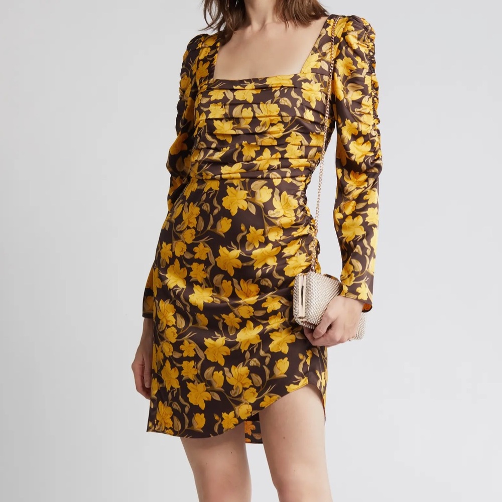 Floret Studios Floral Shirred Long Sleeve Minidress in Brown Yellow